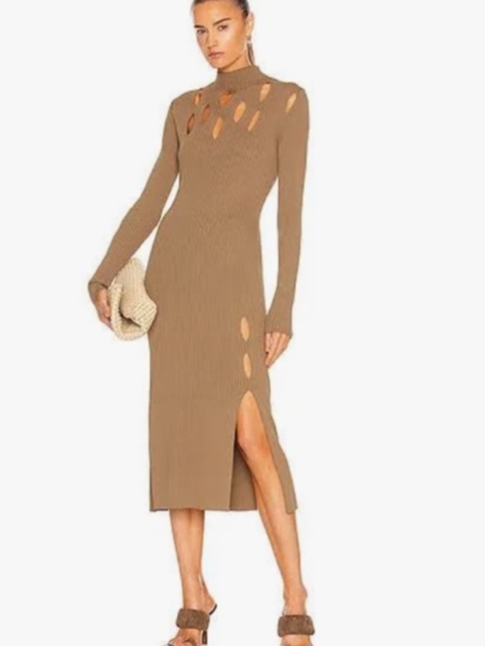 NWT Dion Lee Ribbed Knit Cutout Midi Dress Long Sleeve Tan Size US 2/XS